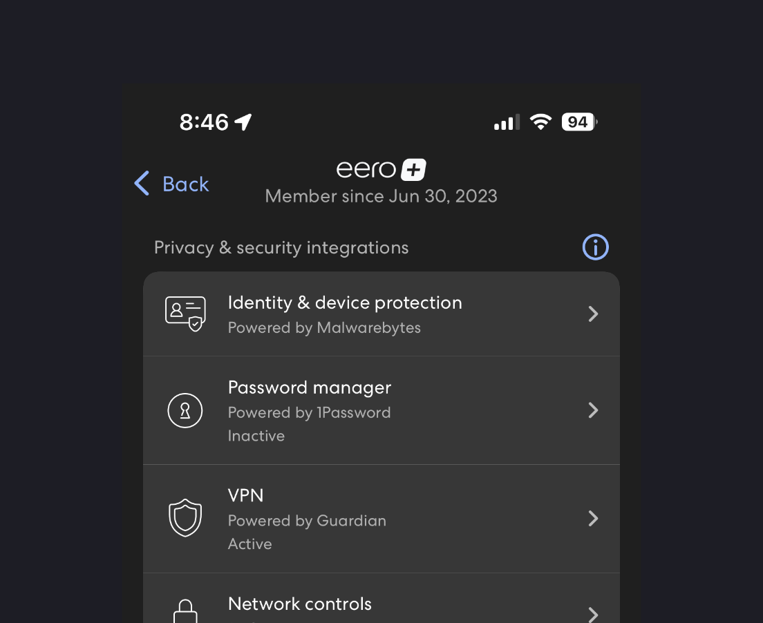 A screenshot showing the features of eero Plus, including identity & device protection, a password manager, Guardian Firewall + VPN & additional network capabilities.