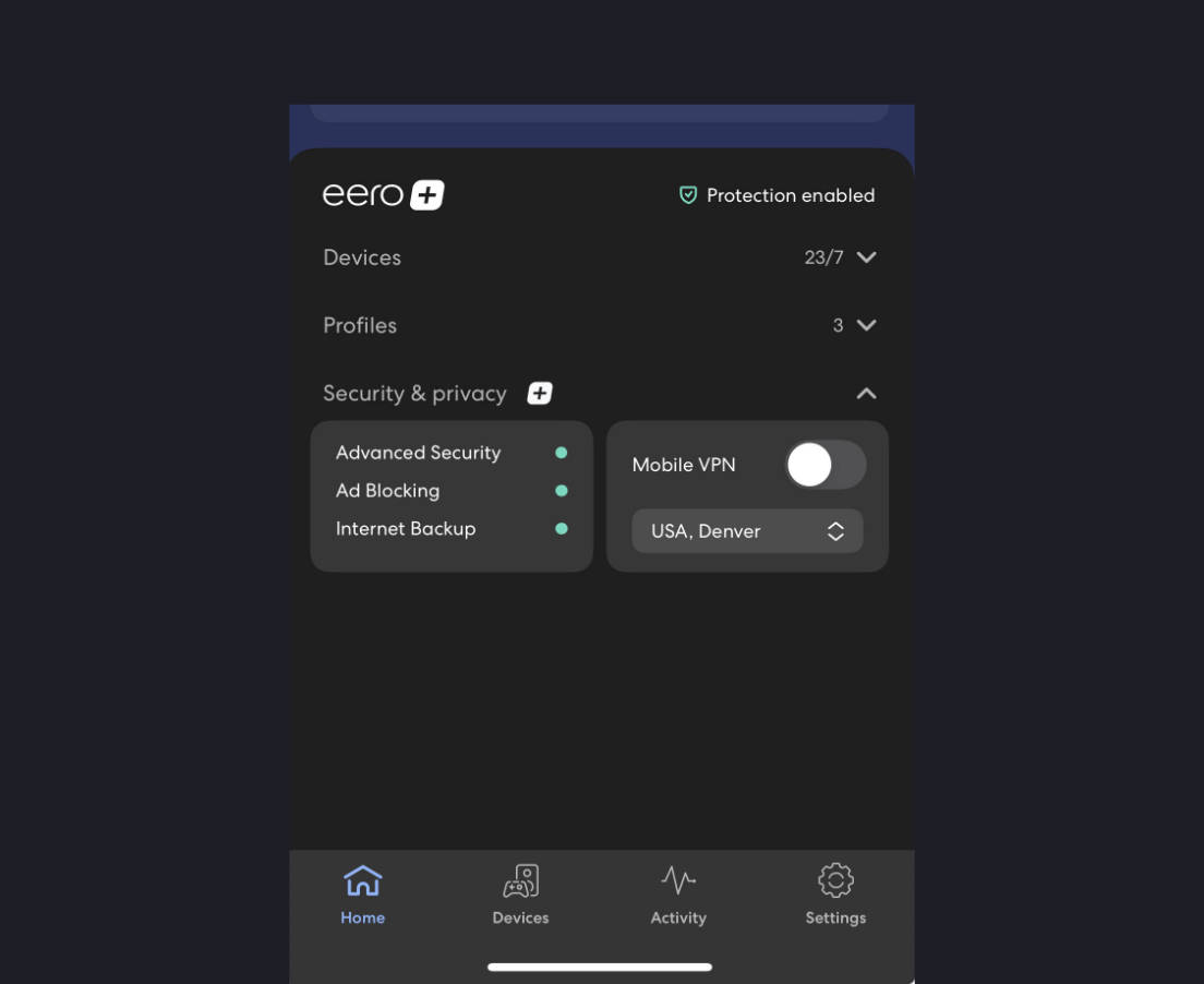 A screenshot showing the eero app home tab overview